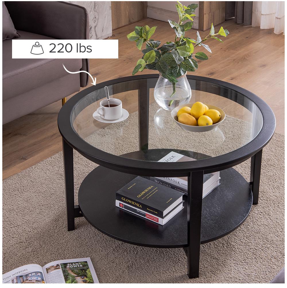 Solid Wood Round Coffee Table with Black Tempered Glass Top