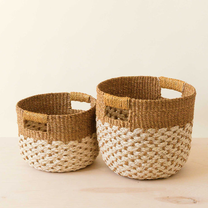 Golden Brown Round Baskets, set of 2 - Handcrafted Bins