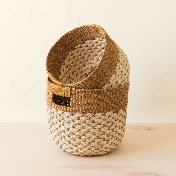 Golden Brown Round Baskets, set of 2 - Handcrafted Bins