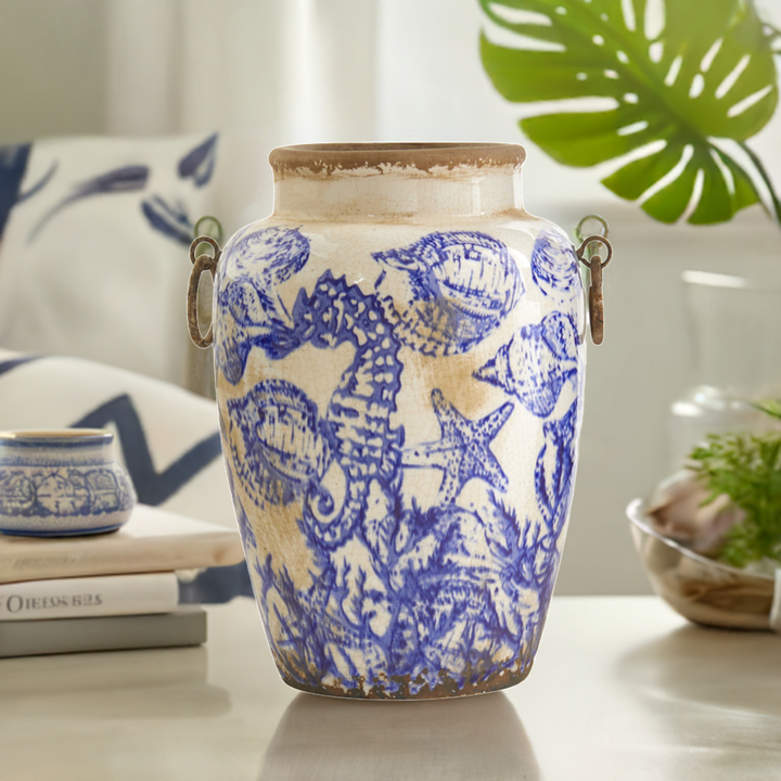 10.5” Nautical Ceramic Urn Vase