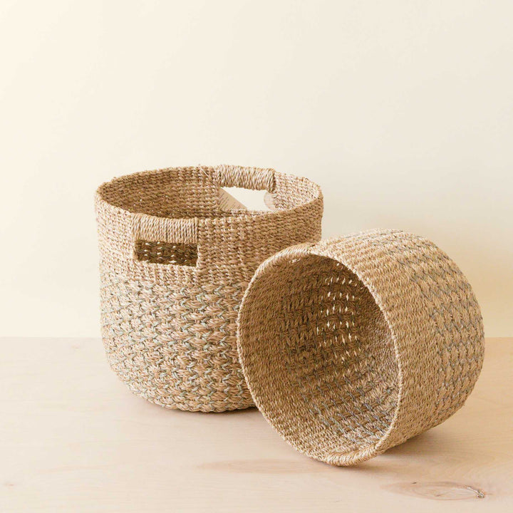 Grey + Natural Round Bottom Baskets, set of 2 - Woven Baskets