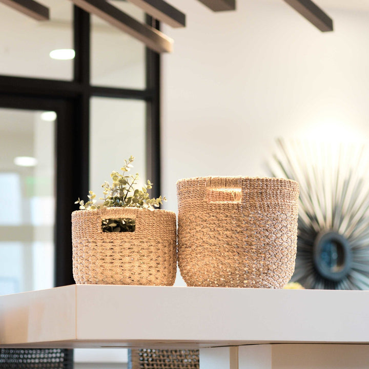 Grey + Natural Round Bottom Baskets, set of 2 - Woven Baskets