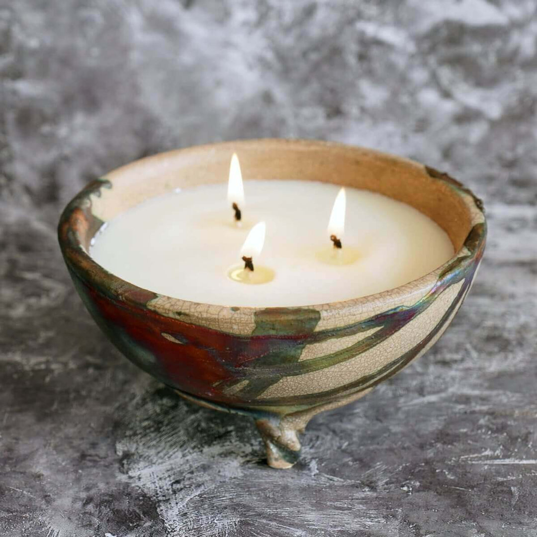 Hono Raku Pottery Refillable Scented Soy Wax Candle with 3 Wicks by RAAQUU