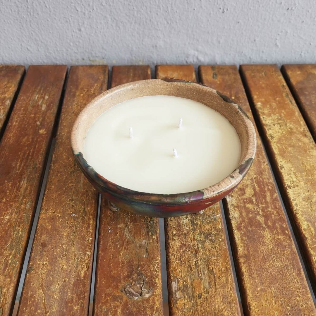 Hono Raku Pottery Refillable Scented Soy Wax Candle with 3 Wicks by RAAQUU