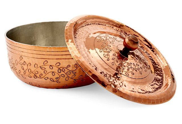 Copper Cocotte with Engraved Leaves 5.5"