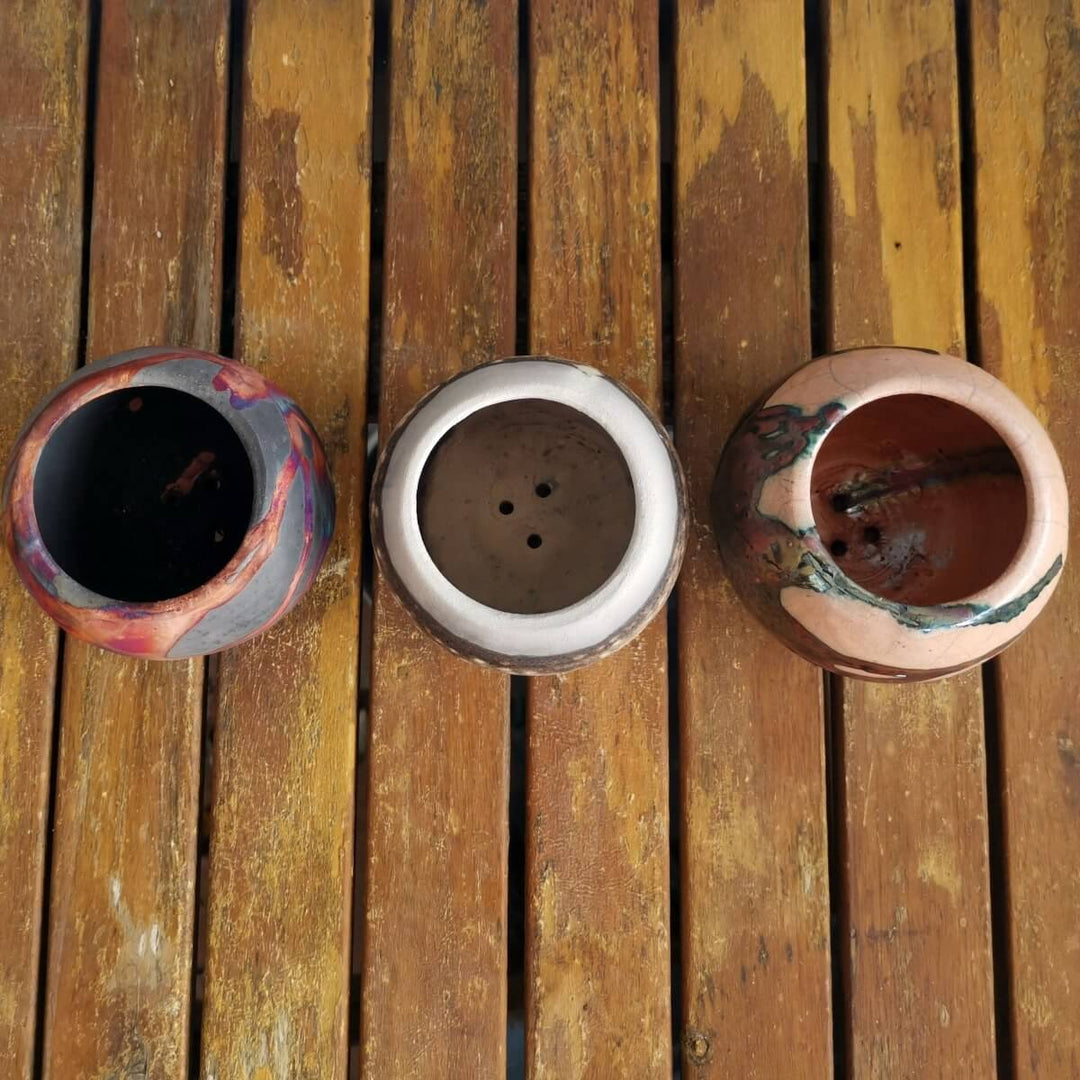 Tsuchi Ceramic Raku Pottery Planter Pot Mixed Finish Set of 3 by RAAQUU