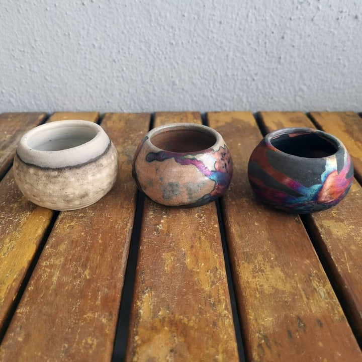 Tsuchi Ceramic Raku Pottery Planter Pot Mixed Finish Set of 3 by RAAQUU