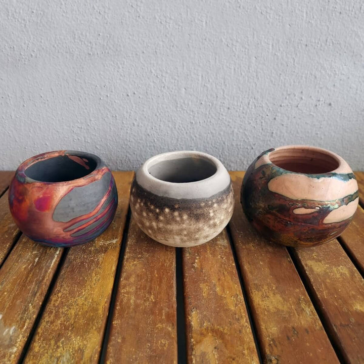 Tsuchi Ceramic Raku Pottery Planter Pot Mixed Finish Set of 3 by RAAQUU