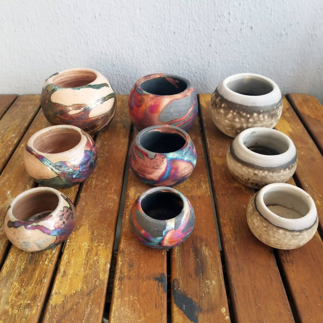 Tsuchi Ceramic Raku Pottery Planter Pot Mixed Finish Set of 3 by RAAQUU