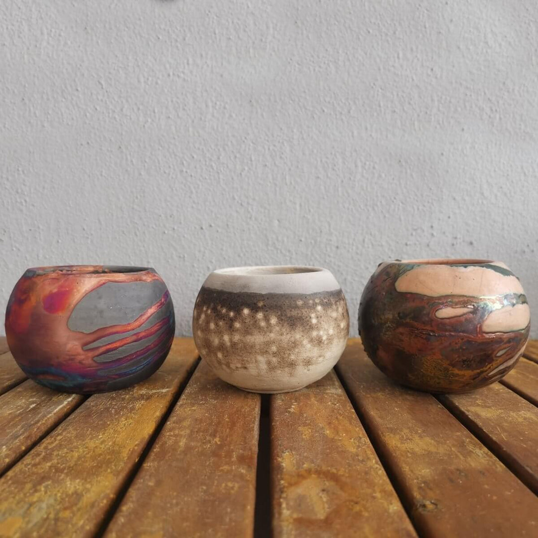 Tsuchi Ceramic Raku Pottery Planter Pot Mixed Finish Set of 3 by RAAQUU