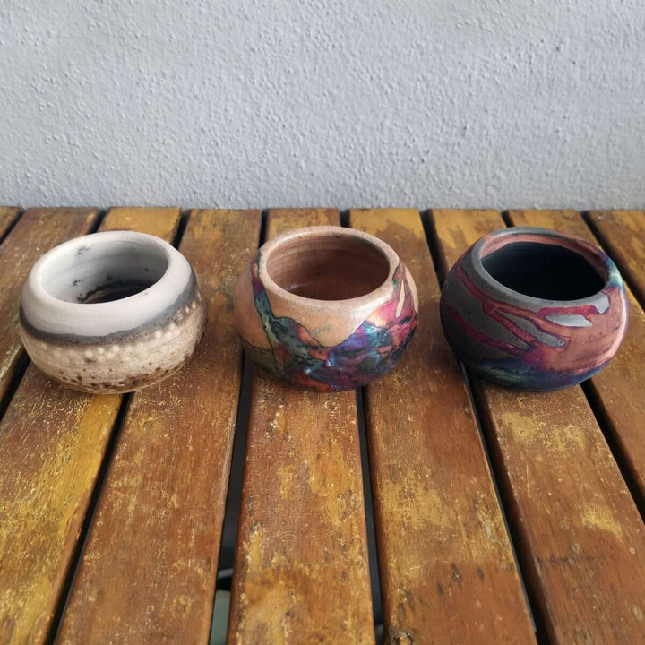 Tsuchi Ceramic Raku Pottery Planter Pot Mixed Finish Set of 3 by RAAQUU